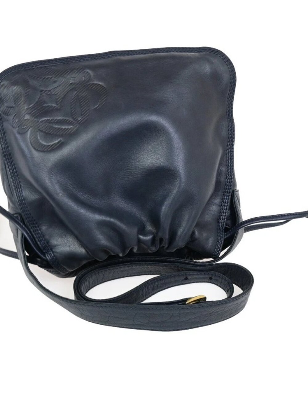 LOEWE Logo Drawstring Anagram Shoulder Bag Leather Navy Blue GHW Spain 83KD267 - Picture 5 of 16